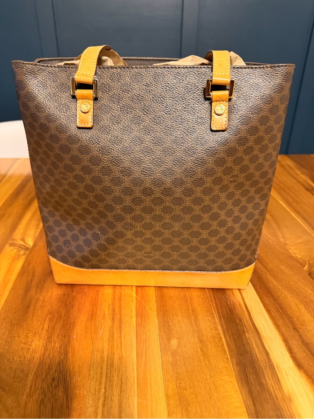 Celine Canvas Tote with Tan Leather Trim